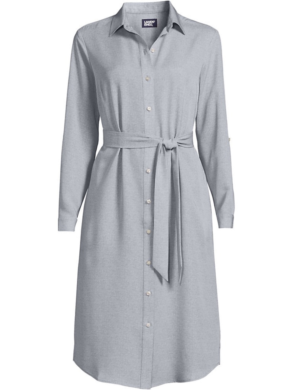 Lands' End Light Gray Button-Front Midi Shirt Dress